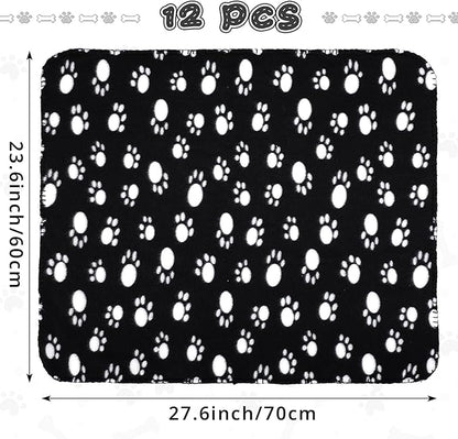 Tatuo 12 Pieces Black Dog Blankets for Small Dogs Puppy Fleece Blanket Bulk Warm Felt Throw Spring Cute Paw Print Puppy Kitten Sleep Mat Pad Soft(Classic Style)
