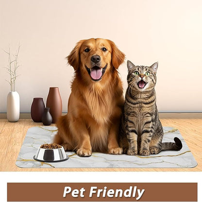 Marble Dog Food Mat for Floors,White Gold Marble Absorbent Quick-Dry Pet Feeding Mat,Cat Dog Bowl Mats for Food and Water,Non-Slip Pet Accessories Supplies 12"x20"