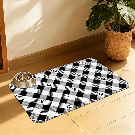 Cat Checked Plaid Dog Cat Food Mat, Absorbent Feeding Mat with Fast-Dry Surface, Rubber Backing for Messy Drinkers – 12x20 Inch