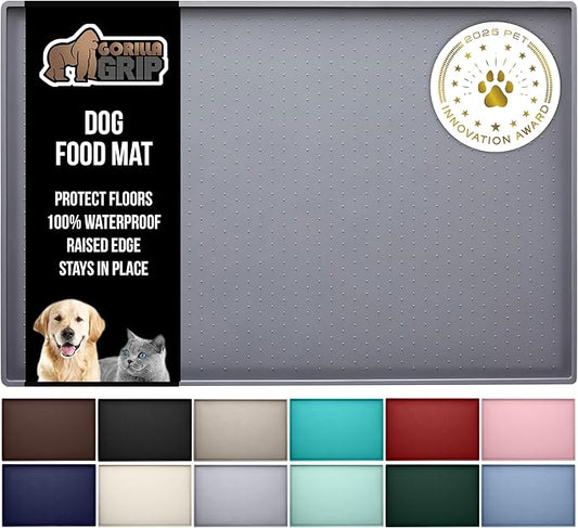 GORILLA GRIP 100% Waterproof Raised Edge BPA Free Silicone Pet Feeding Mat, Dog Cat Food Mats Contain Spills Protects Floors, Placemats for Cats and Dogs Water Bowl, Pets Accessories 28x18 Gray