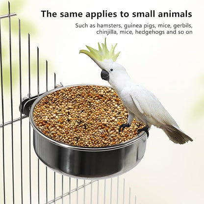 Large Bird Feeding Dish Cups,Parrot Food Bowl Cage with Clamp Holder Stainless Steel,Birdcage Coop Water Feeder for Cockatiel Parakeet Macaw Finches Lovebirds Small Dog Cat Animal(1 Pack, Large)