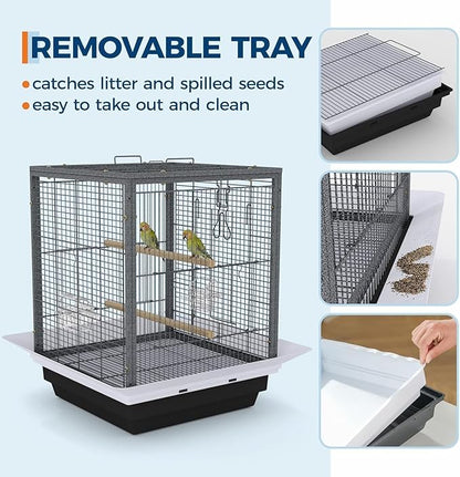 Bird Flight Cage 16 x 16 x 20 Inch, Wrought Iron Parrot Cage with Top Carry Handle, Food Cup, Removable Tray and Perches, Bird Carrier for Parakeet, Cockatiels, Budgies and Small Medium Birds