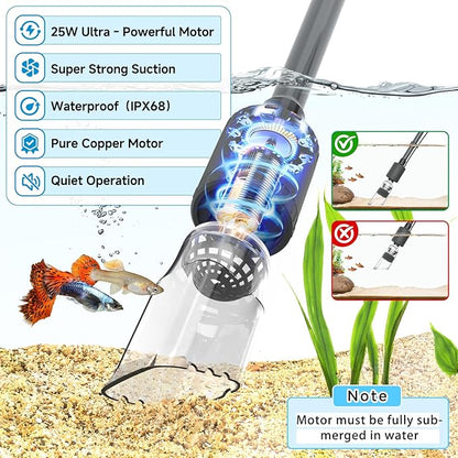 fishkeeper Electric Aquarium Vacuum Gravel Cleaner, 25W 6 in 1 Multifunction Fish Tank Cleaner Kit Gravel Vacuum for Fish Tank Adjustable Flow for Automatic Wash Sand & Water Changer