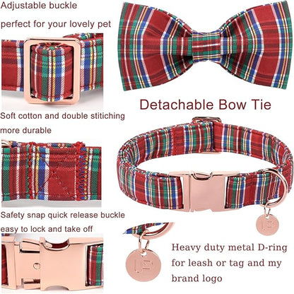 Christmas Plaid Dog Collar with Bow, Red and Blue Check Adjustable Pet Collar with Quick Release, Christmas Stripes Bowtie Collar for Small Medium Large Dogs XS