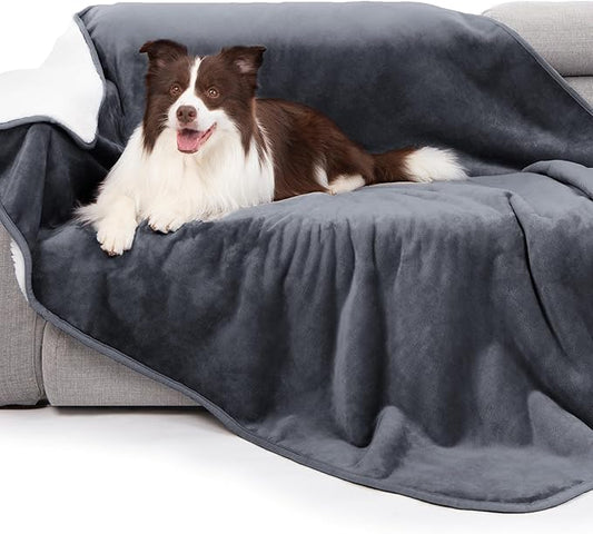 gogobunny Waterproof Bed Blanket, Reversible Sherpa Fleece Throw Blanket for Dog Puppy Cat, Furniture Cover Protects Bed Couch Sofa from Liquid Pee and Pet Fur (Dark Grey, 50x60 inches)