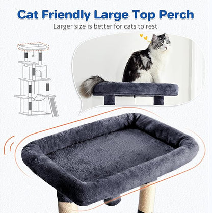 Cat Tree Tower 63in Multi-Level Cat Tower for Indoor Cats with Sisal Scratching Posts, Condo, Hammock, Dangling Ball and Extended Platform for Cats to Play, Grey