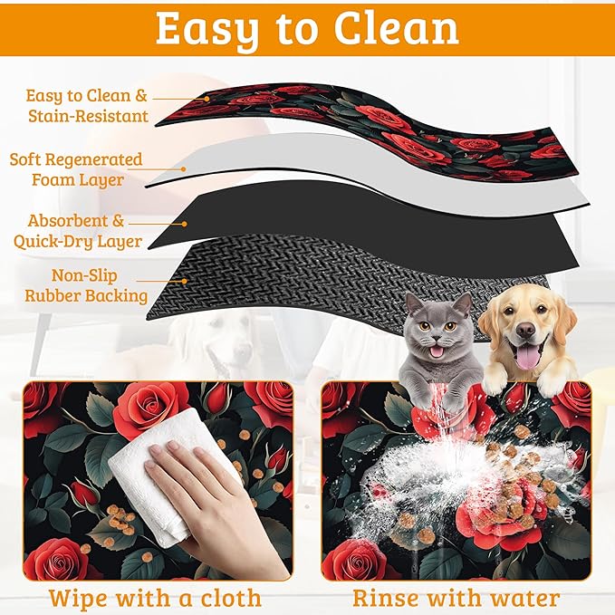 Retro Rose Feeding Mat,Green Leaf Absorbent Quick-Dry Cat Dog Food and Water Bowl Mats,Non-Slip Rubber Backing Mat,Cat Dog Accessories Supplies 12" x 20"