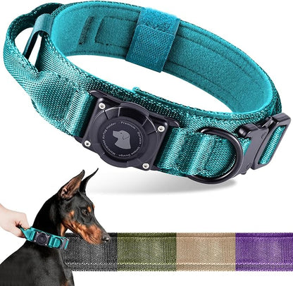 2025 Upgrade Waterproof AirTag Dog Collar, Military Tactical Dog Collar with AirTag Holder, Comfortable Control Handle and Metal Buckle, GPS Dog Collar Holder for Medium to Large Dogs (Blue, XL)