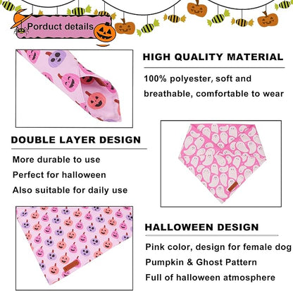 ADOGGYGO Pink Halloween Dog Bandanas 2 Pack, Reversible Ghost Pumpkin Scarf Bib, Adjustable Fit Pink Halloween Bandana for Extra Large Dogs Girl (X-Large)