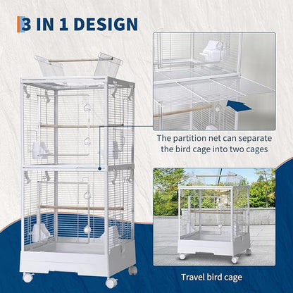 Garvee Small Bird Cage with Playground Stand, 44in White Travel Bird Cage for Parrot, 2-Level Acrylic Parrot Carrier for Medium Small Bird