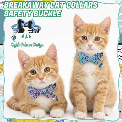4 Pcs Breakaway Cat Collar with Bow Tie and Bell Dinosaurs Cat Kitten Collar with Removable Bowtie Adjustable Safety Collars for Boy Cats