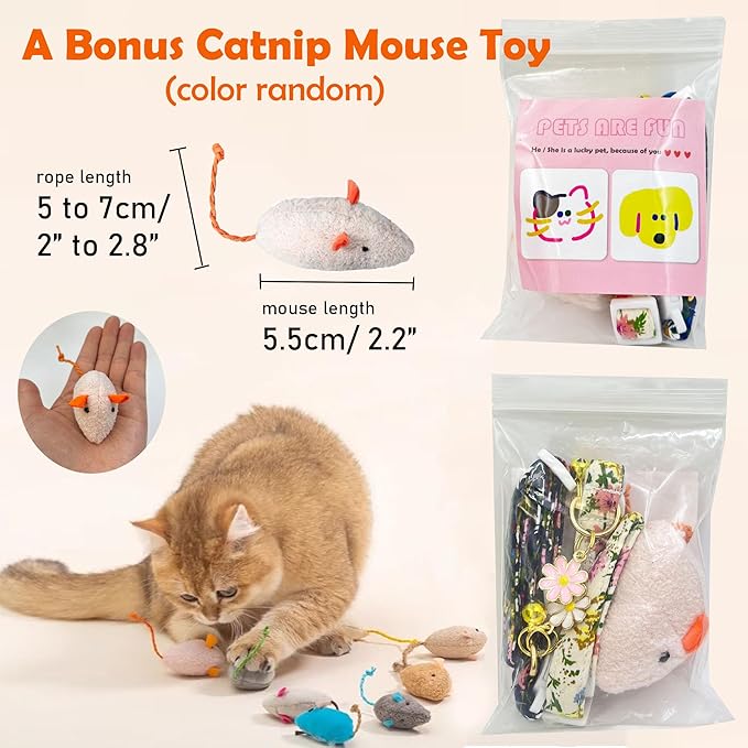 2 Pack Cotton Breakaway Cat Collars Set with Bell and Flower Pendant, Cute Floral Fruit Patterned, Adjustable 7.5-11Inch, Include A Mouse Toy Gift (Flower+Geometry)