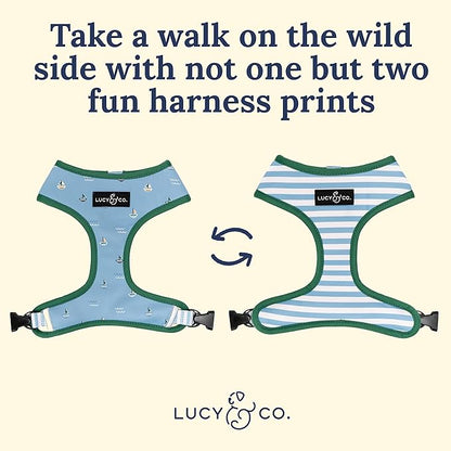 Lucy & Co. Set Sail Reversible Harness, Walking Halter - Best Designer Pet Harnesses for Small Dogs - Padded Adjustable Vest for Easy Walking, Small, Blue & White Stripes & Sailboats