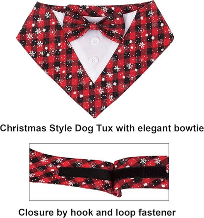 ADOGGYGO Christmas Dog Tuxedo Bandana, Red Plaid Pet Chritstmas Tux with Bowtie Adjustable Christmas Formal Costume for Medium Dogs Pets (M)