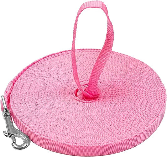 Downtown Pet Supply - Long Dog Leash - 50 ft Pink Nylon Dog Training Leash for Recall & Obedience