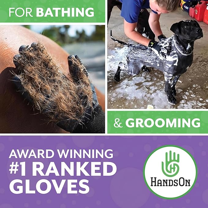 H HANDSON Pet Grooming Gloves - Patented #1 Ranked, Award Winning Shedding, Bathing, & Hair Remover Gloves - Gentle Brush for Cats, Dogs, and Horses (Black, Large)