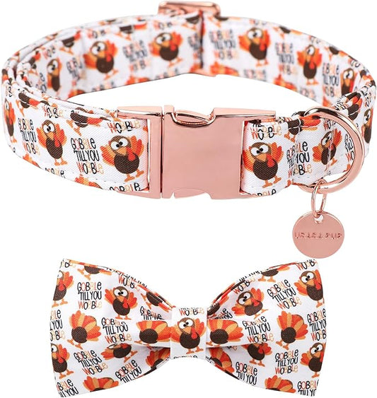 Thanksgiving Dog Collar with Bow Tie, Turkey Cotton Bowtie Collar for Puppy Girl Dog or Cat, Autumn Bow Tie Collar with Durable Metal Buckle, Turkeys Pet Collar, S, Neck 10-16in