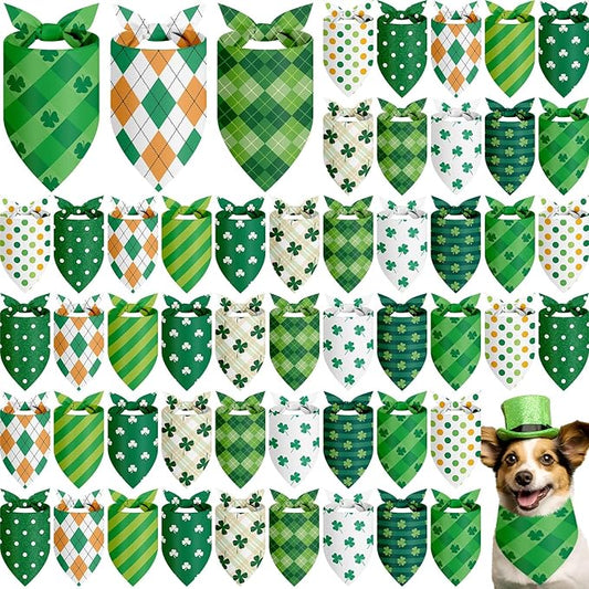 Weewooday 50 Pcs St Patricks Day Bandanas Bulk for Dogs Adjustable Irish Shamrocks Clover Green Plaid Triangle Soft Bibs Puppy Bandana for Small Medium Large Cat Pet Costume(25.6 x 17.7 x 17.7 Inch)