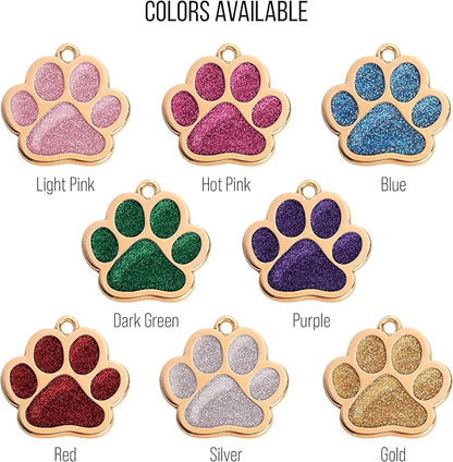 Paw Shape Dog ID Tag Stainless Steel Custom Laser Engraved, Cute Bling Glitter Pet Name Tags Personalized with Durable Engraving (Gold Sparkly Paw)
