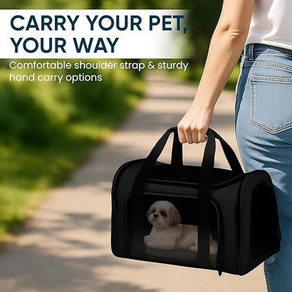 Pet Travel Carrier Bag – Airline Approved Soft-Sided Dog & Cat Carrier, Foldable, Breathable Mesh, Washable Pad – Fits Pets up to 15 lbs – The Pup Quartet (Black)