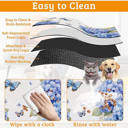 Pet Feeding Mat,Blue Hydrangea Absorbent Dog Cat Food Mat Butterfly Floral Dog Mat with Rubber Backing,Non-Slip Water Bowl Placemat,Pet Supplies 16" x 24"