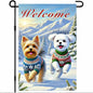 Welcome Winter Garden Flag Two Cheerful Dogs Flag Winter Sweaters 12x18 Inch Double Sided Outdoor Banner For Front Yard Porch Lawn Patio Seasonal Home Decor Pet Animal Outside