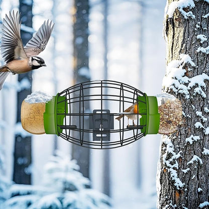 LONA Squirrel Proof Bird Feeding Cage for Outdoors - All-Weather Metal Caged Bird Feeders with Peanut Butter Jar Holder, Chew-Proof Feeding Cage for Small Birds (Oval Cage, 2 Feeding Units)