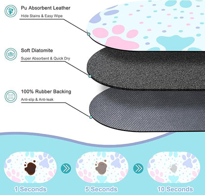 Dog Food Mat 20''x12'', Small Pet Feeding Mat, Non-Slip Rubber Pet Food Mat, Absorbent Cat Dog Water Bowl Mat for Messy Drinkers, Dogs Bowl Placemat for Food and Water, Light Blue Paw