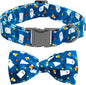 Halloween Dog Collar, Ghost Print Adjustable Pet Collar Blue Cute Cotton Soft Collars with Bow Tie Fall Metal Buckle Holiday Puppy Collars Boy&Girl Gift for X-Large Dogs