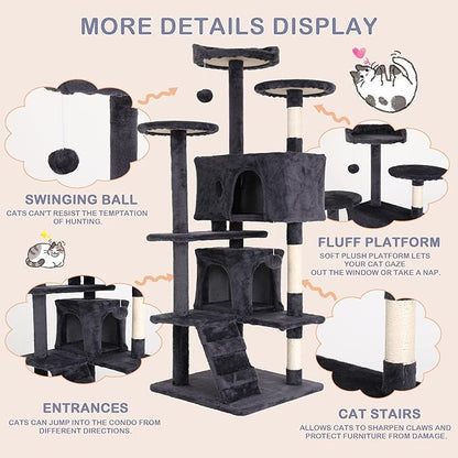 Heavy Duty Cat Tree Tower, 54" Tall Cat Tower for Indoor Cats with Cat Scratching Post with Bed, Cat Condo, Hanging Ball, Multi-Level Cat Climbing Tower Cat Trees Furniture Activity Center, Light Grey