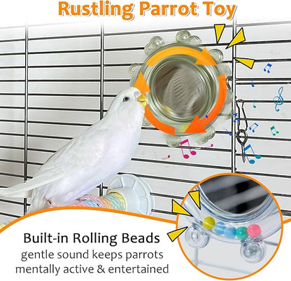 2Pcs Innovation Bird Toy with Hd Mirror, Spinner Rattle Parakeet Toy with Rustling Beads, Safely Embedded No Sharp Edges Bird Mirror for Cage, Flexibly Mounted Rotating Budgie Enrichment Fits Any Cage