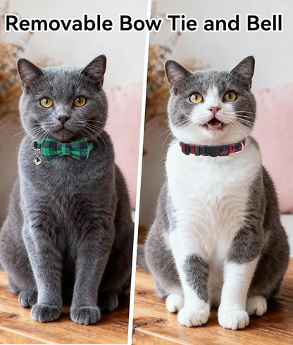 Joytale Upgraded Cat Collar with Bells, Breakaway Cat Collars with Bow Tie, 2 Pack Girl Boy Safety Plaid Kitten Collars, Green+Red