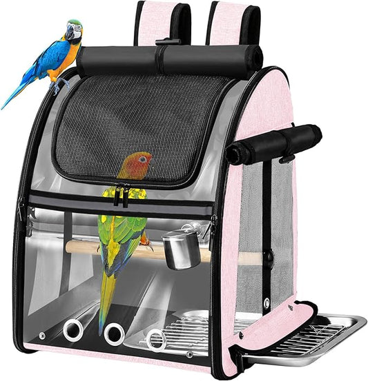 SUERTREE Bird Carrier Bag with Indestructible Stainless Steel Mesh, Bird Travel Cage with Stand, Easy to Clean Backpack for Parrot, Portable Bird Travel Bag, Pink