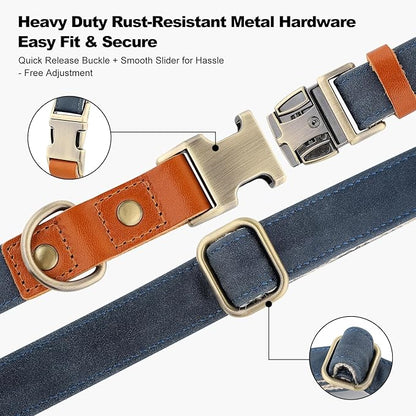 Plutus Pet Genuine Leather & Hemp Dog Collar – Adjustable Heavy Duty Pet Collar with Quick Release Metal Buckle, Soft & Stylish for Puppy and Small, Medium, Large Dogs (Blue, L)