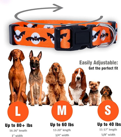 Native Pup Halloween Dog Collar- Spooky Fall Themed Horror Costume Collars- Skull, Pumpkin, Ghost, Bat, Witch, Candy Corn, Spider- Adjustable for Small, Medium, Large Breeds (Medium, Bats and Moon)