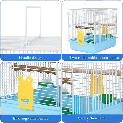 Small Bird Cage, Lightweight for Parakeets, Hanging for Parrot, Travel for Cockatiel, Outdoor Budgie, Pet Products Flat Top Economy Small Animal Cage with Stand Accessories with White Wire, Blue