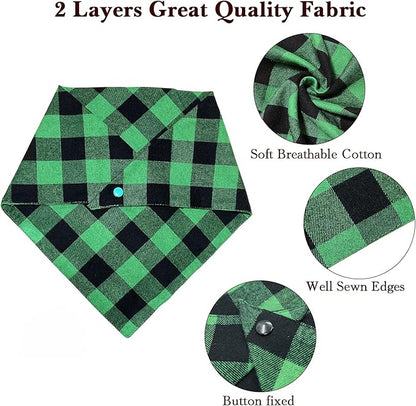 Christmas Plaid Dog Bandana with Button, Fall Dual Layer Scarf Soft Cotton Triangle Bib Girls and Boys Kerchief Adjustable Accessories for Small Medium Large Extra Large Dog Puppy Pet Cat