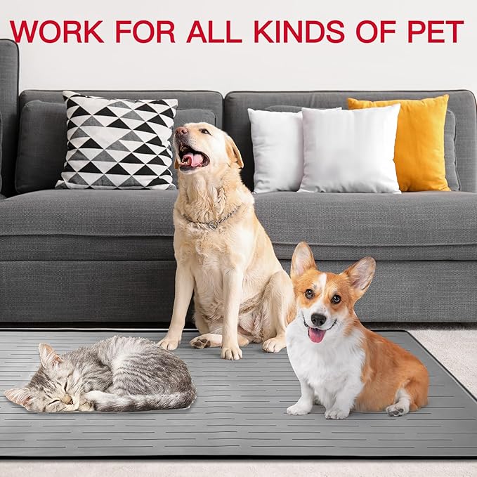 48" x 32" Largest Pet Food Mat, XXXL Silicone Dog Mats for Food and Water, Nonslip Pet Feeding Mats for Floors,Dog Cat Bowl Mat with Raised Edges, Gray White