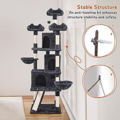 Yaheetech 76.5in Multi-Level Large Cat Tree, Big Cat Tower with 3 Condos, Cozy Plush Perches, 9 Sisal Scratching Posts and Ladder, Activity Center for Large Kitties, Black