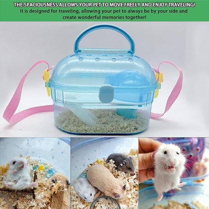 Portable Hamster Cage Syrian Hamster Carry Travel Cage with Water Bottle Food Bowl Adjustable Strap Small Animals Outgoing Cages for Gerbil Squirrel Guinea Pig Chinchilla Hedgehog Blue
