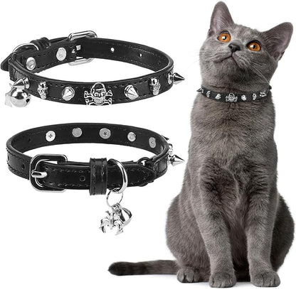 EXPAWLORER Cat Collar for Girl Boy Cats- Adjustable Leather Pet Collar with Safety Elastic Belt,Personalized Punk Accessories Buckle Collars with Bell & Durable D-Ring, Rivet (Black)