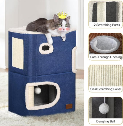 YITAHOME 2-Tier Cat House, Indoor Cat Cave Bed Playhouse, Cat Tunnels with Scratch Pad and Hideaway Cube, Cute Modern Cat Condo Furniture for Multi Small Cats, Classic (Blue)