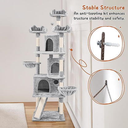 Yaheetech 76.5in Multi-Level Large Cat Tree, Big Cat Tower with 3 Condos, Cozy Plush Perches, 9 Sisal Scratching Posts and Ladder, Activity Center for Large Kitties, Light Gray