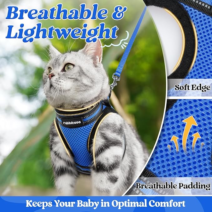 rabbitgoo Cat Harness and Leash Set for Walking Escape Proof, Adjustable Soft Kittens Vest with Reflective Strip for Cats, Comfortable Outdoor Vest,Blue,L