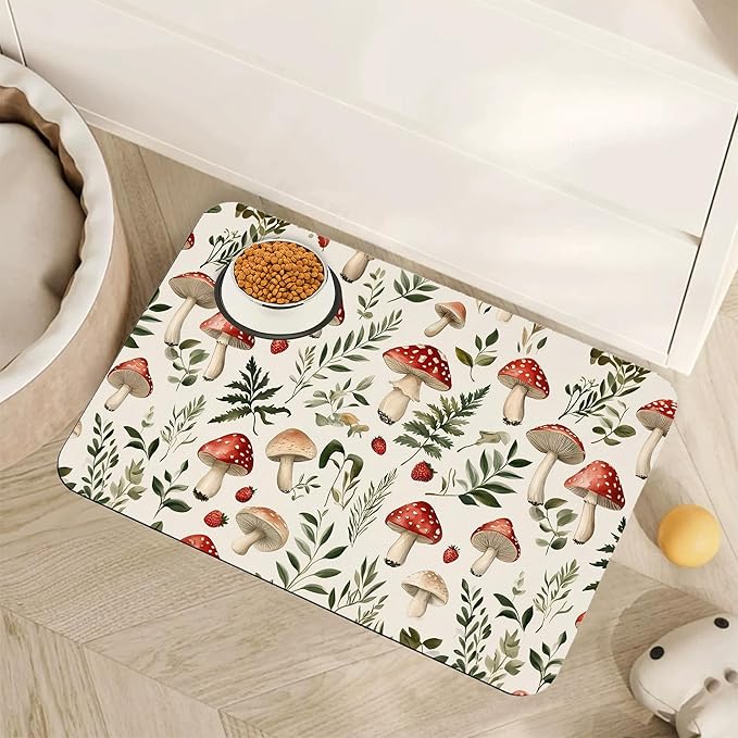 Red Mushroom Pet Feeding Mat,Fern Herb Berries Absorbent Quick-Dry Cat Dog Food and Water Bowl Mats,Non-Slip Rubber Backing Mat,Cat Dog Accessories Supplies 12"x20"