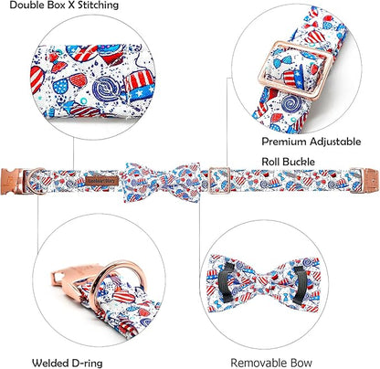 Lionheart glory American Flag Dog Collar, 4 of July Dog Bow Collar Heavy Duty Adjustable Patriotic Dog Collar with Bowtie for Large Dogs Pet Gift
