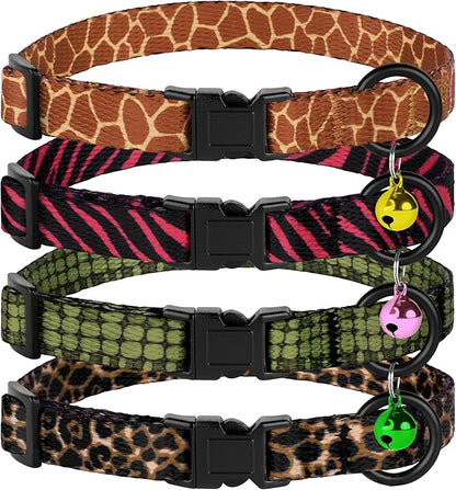 4PCS Breakaway Cat Collars with Bell - Cute Soft Adjustable Safety Kitten Collars 4-Pack - Nylon Pet Collars Nature Tribal Striped Floral Space Aztec Flowers Print (Animal Print)