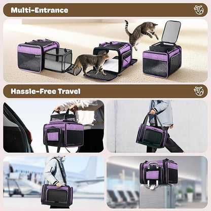 Top and 2 Sides Expandable Pet Carrier 17x11x9.5, TSA Airline Approved Small Dog Carriers for Small Dogs, Soft-Sided Cat Carrier with Self-Locking Zippers for Kitten,Rabbit, Puppy, Guinea Pig Purple