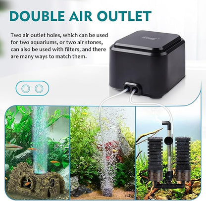 hygger Quiet <30dB Aquarium Air Pump, Adjustable Low Decibel Oxygen Fish Tank Pump 2 Air Outlets Ultra Silent Powerful Aerator Pump with Accessories Max 80GPH/160GPH/255GPH(3.5W,Up to 120Gallon)