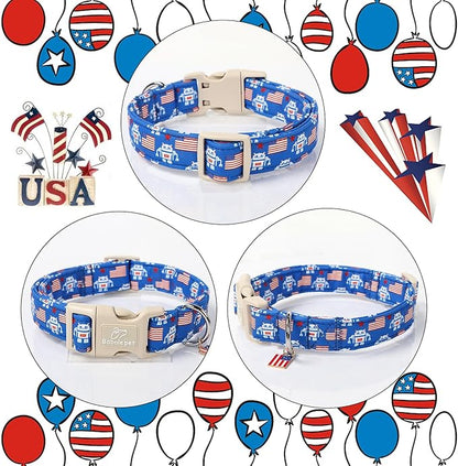 4th of July Dog Collar, Robot Star-Spangled Patriotic Dog Collars for Large Dogs, Adjustable Lightweight Quick-Release Buckle Collar for Boy&Girl Dogs L